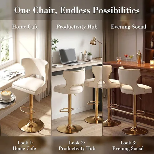 Miniatura 5 de ROCITY Juego de 2 taburetes de bar color beige con respaldo de piel sintética con base dorada, isla de cocina moderna ajustable para comedor, barra