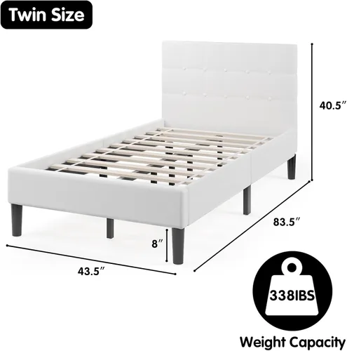 Miniatura 3 de Base de cama individual tapizada con cabecero, base de colchón de soporte de listones de madera maciza, no necesita somier y de fácil montaje, Beige