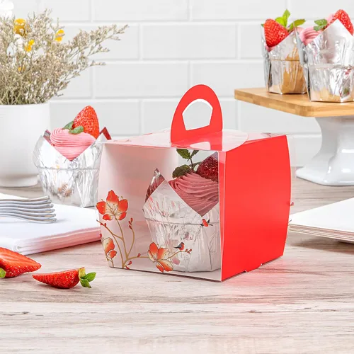 Miniatura 8 de Restaurantware - Cajas individuales para cupcakes de 4 x 4.25 pulgadas, 100 cajas de exhibición desechables para cupcakes - Con asa, acento de Rojo
