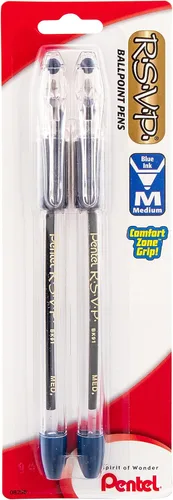 Pentel R.S.V.P. Bolígrafo, trazo medio, tinta azul, paquete de dos unidades (BK91BP2C), Azul Paquete de 2