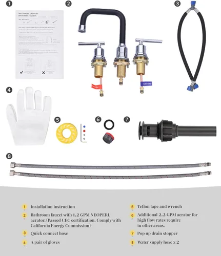 Miniatura 5 de WOWOW Grifo de lavabo de baño negro y cromado, grifo de baño extendido de 3 orificios para tocador de 8 pulgadas con ensamblaje de desagüe emergente