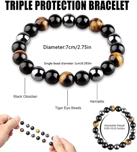 Miniatura 3 de HEFFY Black Raw Tourmaline Crystal Stone Necklace Pendant Amulet Pillar Pendant+Triple Protection Bracelet Hematite Obsidian Tiger Eye Bracelets for