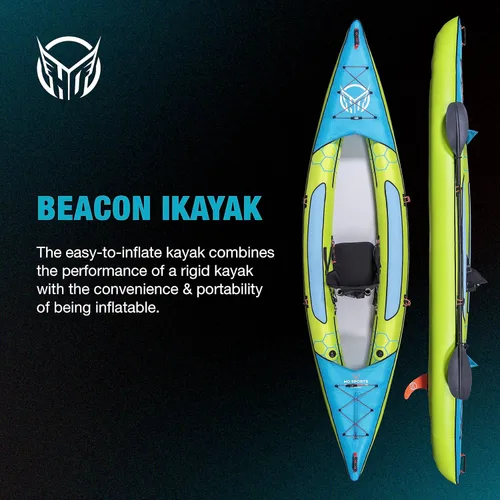 Miniatura 2 de HO Sports Beacon - Kayak inflable con bomba de mano, paleta ajustable y bolsa de transporte, asiento ergonómico de respaldo alto con soporte