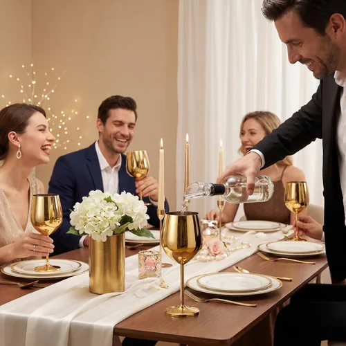 Miniatura 4 de Patelai 4 piezas de vidrio dorado de acero inoxidable con 2 vertedores aireadores, copas de vino de metal irrompibles con tallo dorado para boda