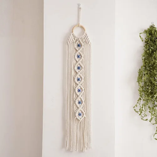 Miniatura 6 de ARTIBETTER Tapiz tejido a mano con ojos azules, tapiz de madera, ojo de diablo, borla colgante, decoración de habitación de bebé para el hogar