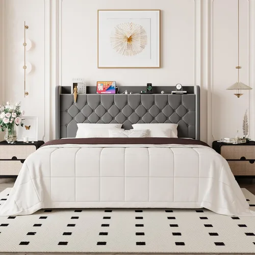 Miniatura 15 de Allewie - Base de cama tamaño King, cabecero con almacenamiento y estación de carga, tapizado en terciopelo, botones cosidos en forma de diamante