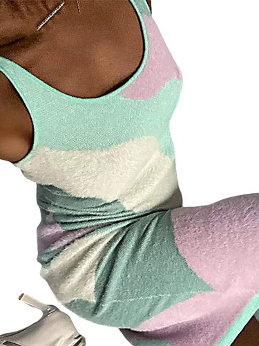 Miniatura 6 de FOMOYUU Vestido halter de punto para mujer, sin mangas, estampado geométrico, cuello en U, espalda descubierta, atar y ajustar, ajustado