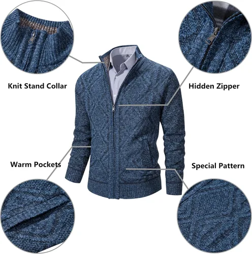 Miniatura 82 de VtuAOL Suéteres tipo cárdigan para hombre, con cremallera completa, cuello alto, cárdigan de punto casual con bolsillos