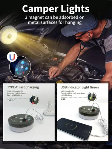 Miniatura 4 de Cadena de luces retráctiles mejoradas para acampar al aire libre, cadena de luces de campamento de 33 pies con broche, cadena de luz recargable, 9