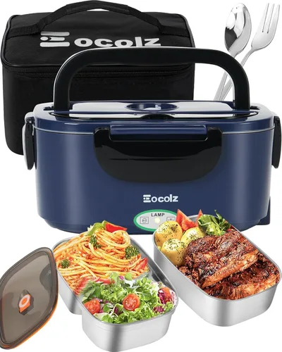 Miniatura 8 de Eocolz Fiambrera eléctrica calentador de alimentos de 80-100 W, calentador de alimentos con doble contenedor, 1.5L, lonchera portátil calentada