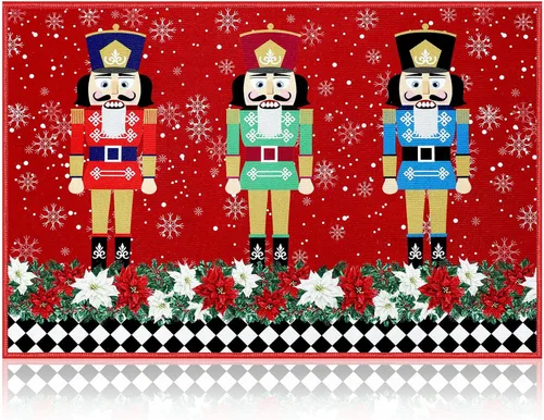 Tradder Tapete de cascanueces de Navidad, lavable, antideslizante, diseño de copos de nieve rojos de soldado, pascua, tapete para puerta de porche