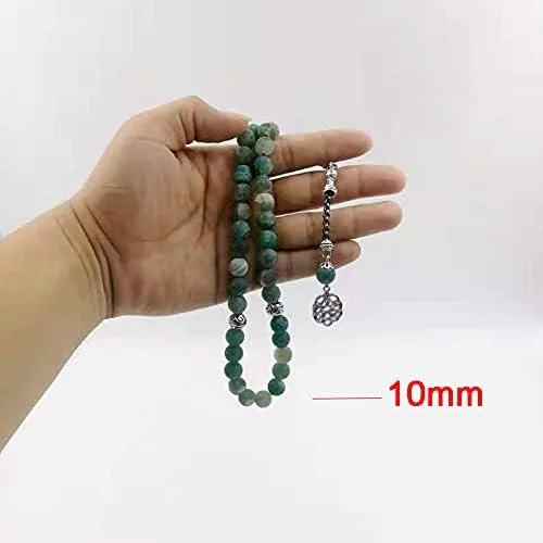 Miniatura 6 de ALBASHAN Tasbih Natural Green agate stone Blue Metal tassel 33 45 66 99 prayer beads islamic fashion stone Muslim Rosary (10mm x 45beads)
