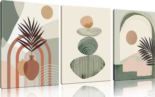 ZHAOSHOP Arte bohemio para decoración de pared, lienzo verde para dormitorio, 3 piezas, decoración de pared estirada y enmarcada lista para colgar,