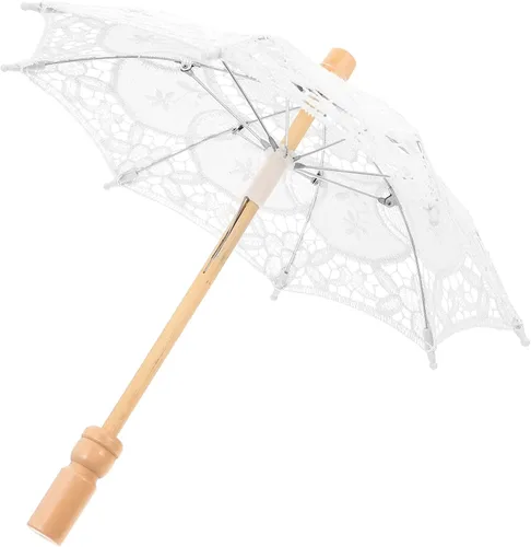 Toddmomy Sombrilla de encaje blanco vintage para boda o novia, paraguas de algodón blanco con mango de madera para decoración de boda, accesorios de