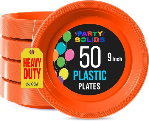 Exquisite Party Solids - Platos de plástico naranja para suministros de fiesta, platos desechables de 9 pulgadas, resistentes, 50 piezas, juego de