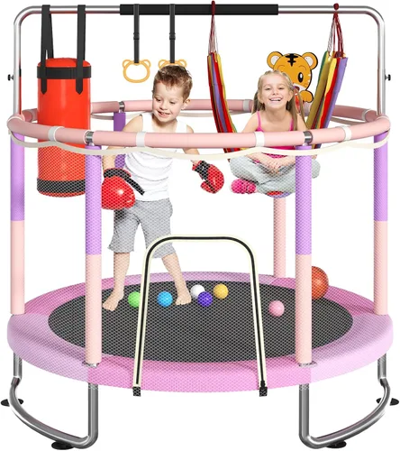 Trampoline for Kids, Upgrade Full Anti-Rust 440lbsToddler Trampoline with Net,Upgraded Ring Legs with Adjustable Gymnastics Bar&Toys, Gifts for Ages