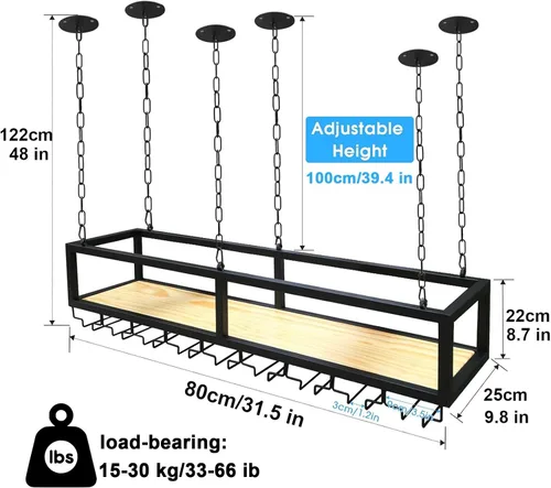 Miniatura 2 de Estante de techo para copas de vino, estante colgante de vino de altura ajustable, estante flotante de bar industrial, soporte para copas de vino