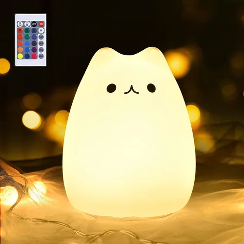 Miniatura 8 de Lámpara LED de mesilla de noche con forma de gato, multicolor silicona suave para habitación del bebé, control, blanco cálido y 7 modos de luz