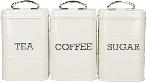 Kitchen Craft Living Nostalgia - Recipientes para té, café y azúcar en caja de regalo, acero, crema antigua, juego de 3 piezas, mediano,