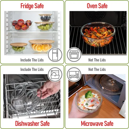 Miniatura 6 de Juego apilable de 5 cuencos de vidrio anidados para ahorrar espacio con tapas de bambú para preparación de alimentos, almacenamiento, horneado