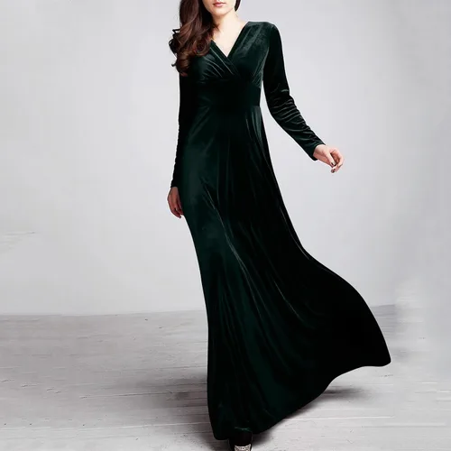 Miniatura 3 de SGASY Vestido largo de terciopelo elástico de manga larga con cuello en V para mujer, elegante vestido de cóctel con forro A