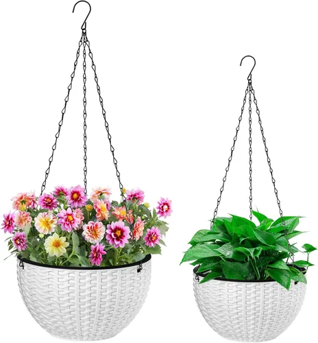 Foraineam Paquete de 2 macetas dobles con diseño de macetas colgantes de riego automático para plantas y flores para interiores y exteriores,