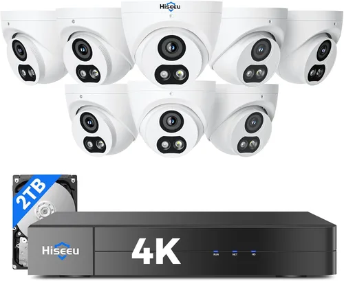 【Vista amplia de 121° + HD 4K】 Sistema de cámara de seguridad Hiseeu 4K, 8 cámaras de seguridad PoE de 8MP para exteriores e interiores, sin tarifa
