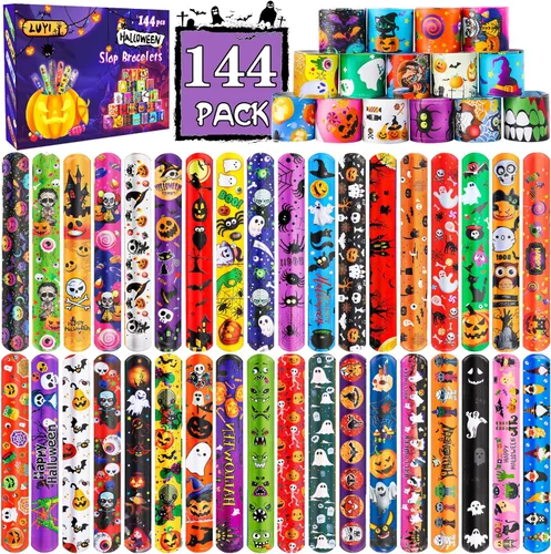 LUYI 144 pulseras de Halloween, suministros de recuerdos de fiesta de Halloween para niños, 108 diseños diferentes, pulseras a granel para