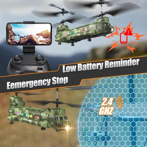 Miniatura 4 de OBEST Helicóptero RC Chinook LM19-D, helicóptero militar de control remoto con cámara, doble hélice con retención de altitud, despegue/aterrizaje