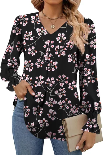 Miniatura 21 de Funlingo Blusas de mujer con mangas largas 2025, elegantes y casuales, con cuello en V, túnica suelta de gasa para el trabajo