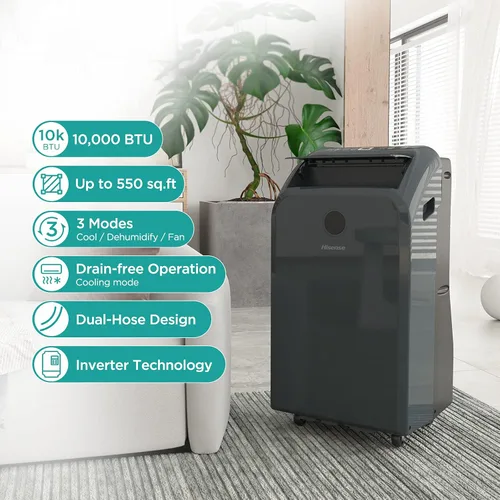 Miniatura 3 de Hisense Aire acondicionado portátil de doble manguera con tecnología inversor, ventilador deshumidificador de refrigeración de 10,000 BTU