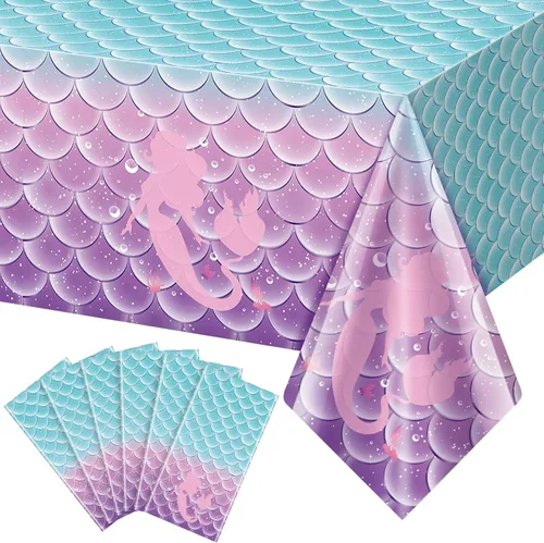 Miniatura 8 de 8 manteles para decoración de fiesta de cumpleaños de sirena, fundas de mesa de plástico desechables para princesas bajo el mar, suministros