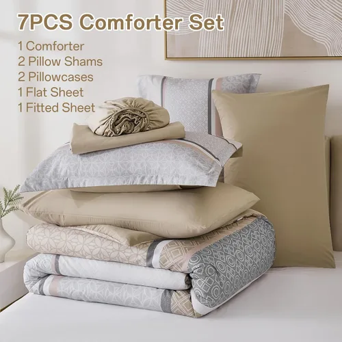 Miniatura 7 de WONGS BEDDING Juego de edredón Beige tamaño Queen, juego de 7 piezas de edredón y sábanas con tiras en una bolsa, juego de ropa de cama
