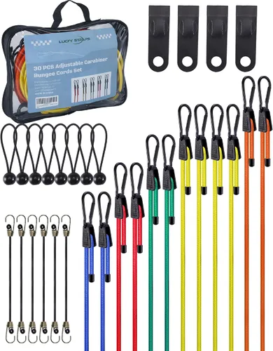 Miniatura 24 de Paquete de 4 cordones elásticos planos ajustables de 3 vías con ganchos, fácil de ajustar la longitud de los 3 lados, Lucky Straps 30 pulgadas