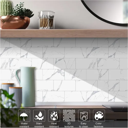 Miniatura 4 de TUOKING Azulejos de metro de mármol de 4 piezas para despegar y pegar, de 4 x 8 pulgadas, compuesto de piedra blanca, impermeable, azulejos de pared
