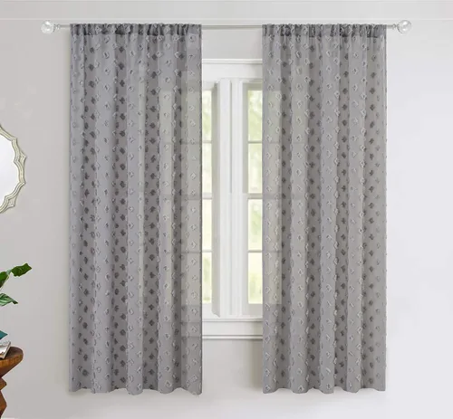 Miniatura 10 de DriftAway Olivia - Cortinas transparentes de gasa gris de vellón bordado para ventana con pompones, 2 paneles con pliegue para barra de 52 pulgadas