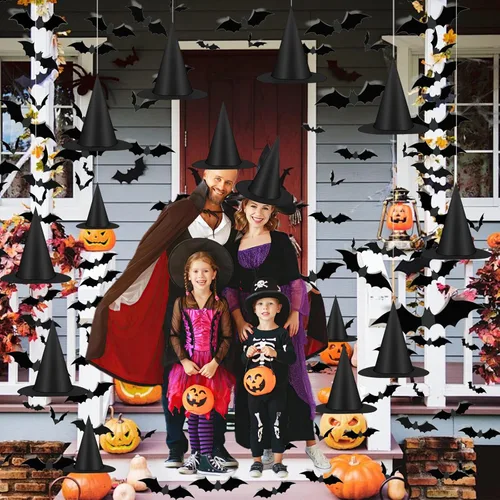 Miniatura 4 de Famoby 12 sombreros de bruja negros de Halloween con cable de nailon de 157 pies y 120 calcomanías de murciélago para interiores y exteriores