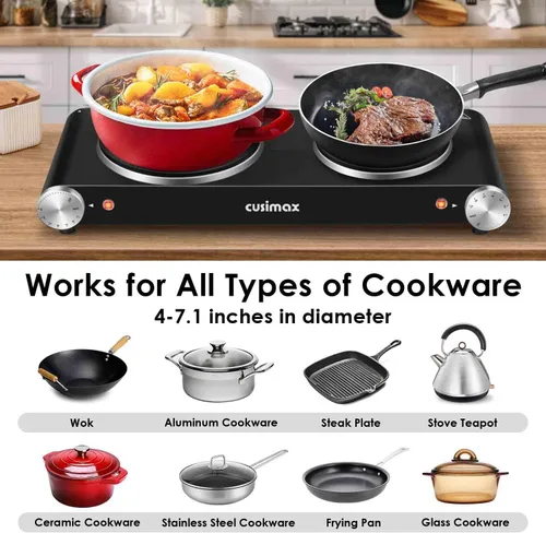 Miniatura 4 de Cusimax - Placa de cocción eléctrica de 1800 W, estufa eléctrica portátil para cocinar, hornalla doble, con control de temperatura ajustable