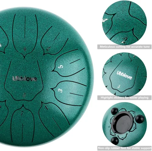 Miniatura 2 de Tambor de lengua de acero, tambor de tanque de mano, 11 notas, instrumento de percusión de meditación de 10 pulgadas con mazos, púas de dedos, Verde