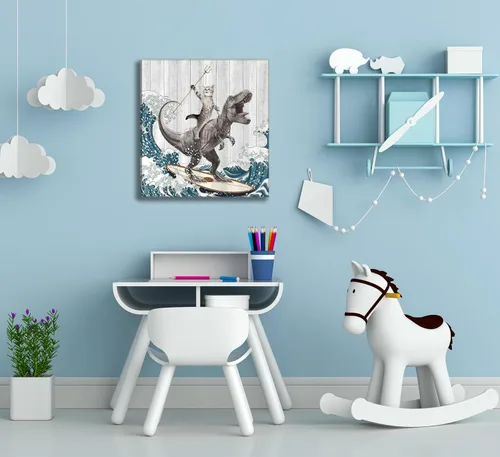 Miniatura 2 de WWN Divertido arte de pared de dinosaurio para montar en gato, divertido arte de pared de T-Rex Surfing, pintura para decoración de pared, póster