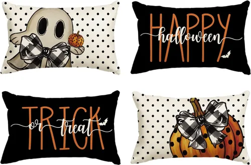 Miniatura 8 de AVOIN colorlife Happy Halloween - Juego de 4 fundas de almohada de 16 x 16 pulgadas, con diseño de fantasmas, diseño de murciélagos y calabaza