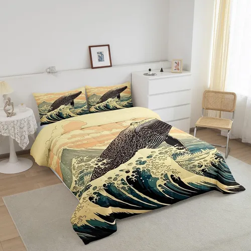 Miniatura 2 de Erosebridal Juego de edredón de ballena náutica, tamaño individual, juego de ropa de cama vintage azul con ondas oceánicas para niños y niñas