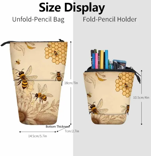 Miniatura 3 de Swono Honey Bees Wildflowers Estuche para lápices Retro Grabado Sombreado Stand Up Estuche Organizador Portalápices Bolsa de Cosméticos para Mujeres
