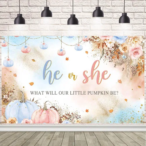 Miniatura 7 de AIBIIN Telón de fondo de revelación de género de 7 x 5 pies con texto en inglés "He or She What Will Our Little Pumpkin Be Background", color rosa