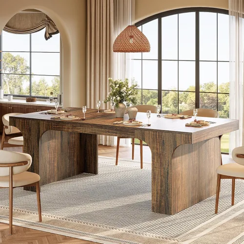 Miniatura 11 de Tribesigns Mesa de comedor de granja de 71 pulgadas para 6-8, mesa de cocina larga y moderna de madera con diseño arqueado, muebles de comedor