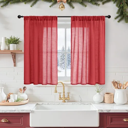 Miniatura 116 de BGment Cortinas de lino café de 30 pulgadas de largo para ventana pequeña, cortinas de media ventana beige semitransparentes ligeras con bolsillo