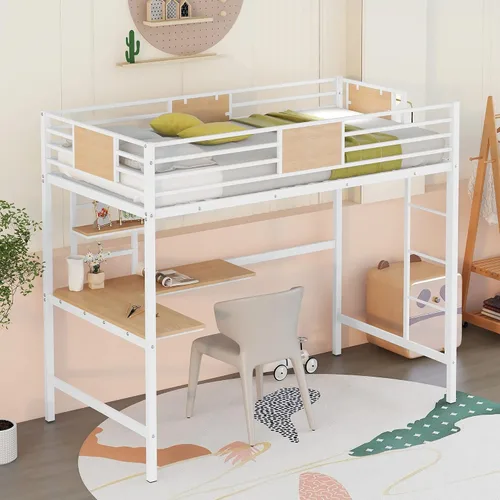 Miniatura 10 de Marco de cama de metal tipo loft de tamaño individual con escritorio y estantes de almacenamiento, marco de cama de metal con barandilla segura
