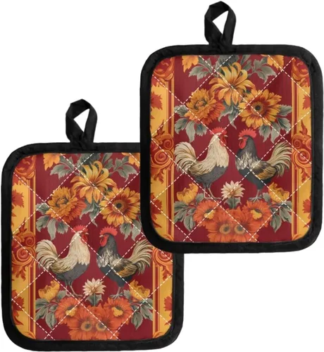 Miniatura 2 de Juego de soportes para macetas de flores rojas de pollo blanco y negro, resistentes al calor, almohadillas calientes para horno, antideslizantes