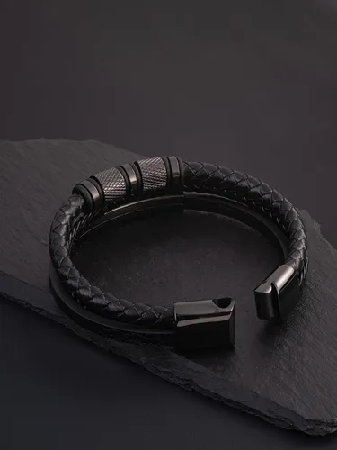 Miniatura 7 de Pulsera de cuero para hombre con hebilla de acero inoxidable 316L Pulsera trenzada multicapa Regalo para hombres NegroChapado en OroBlanco Chapado