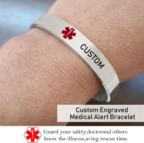 Miniatura 10 de LoEnMe Jewelry Pulseras de alerta médica personalizadas para hombres y mujeres, personalizable, grabado gratuito, acero inoxidable, pulsera